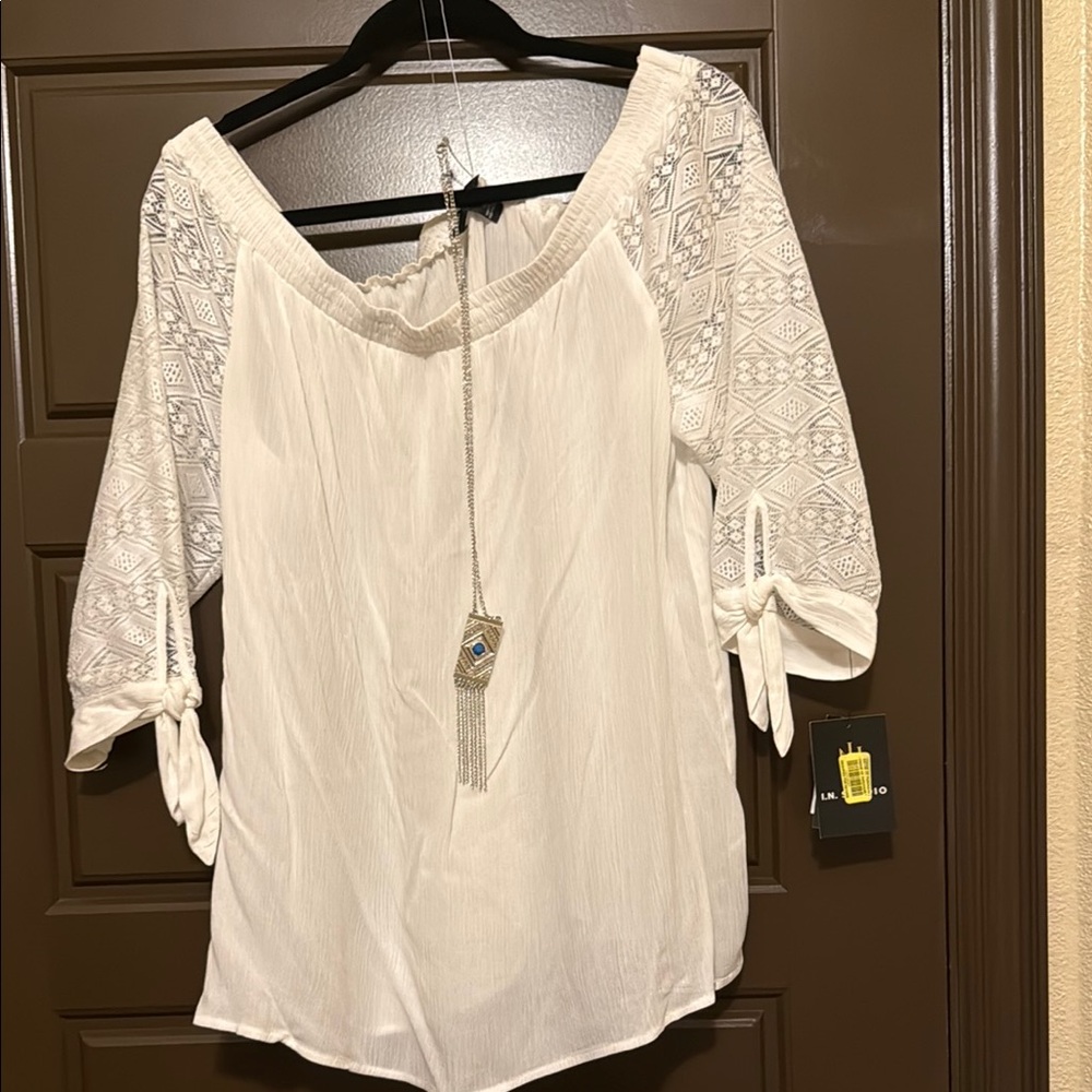 I.N. Studio White 3/4 Sleeve Tie Front Blouse